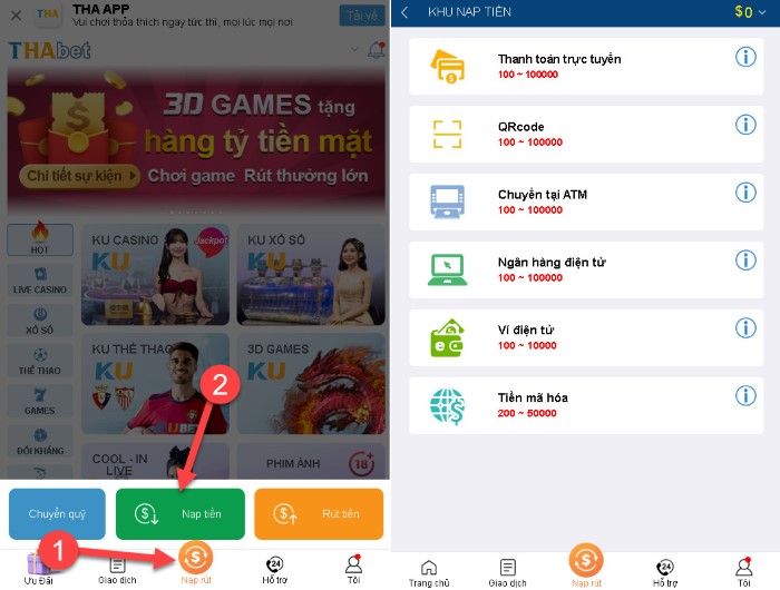 Các hình thức nạp tiền Thabet